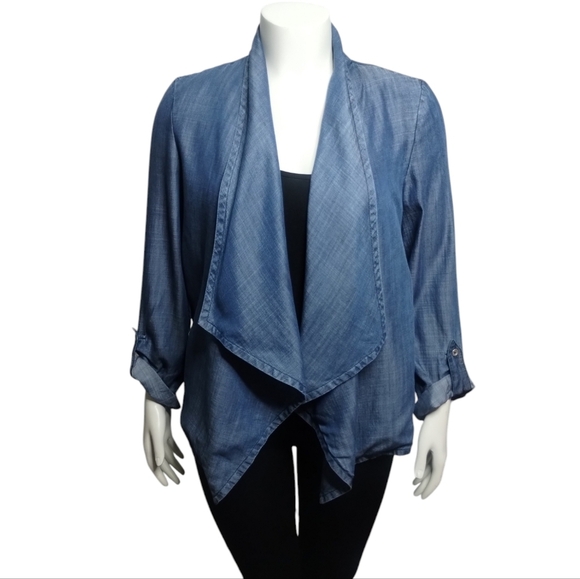 Peck & Peck Lightweight Chambray Drape Flowy M Jacket Cardigan Lagenlook feminin - Picture 1 of 7